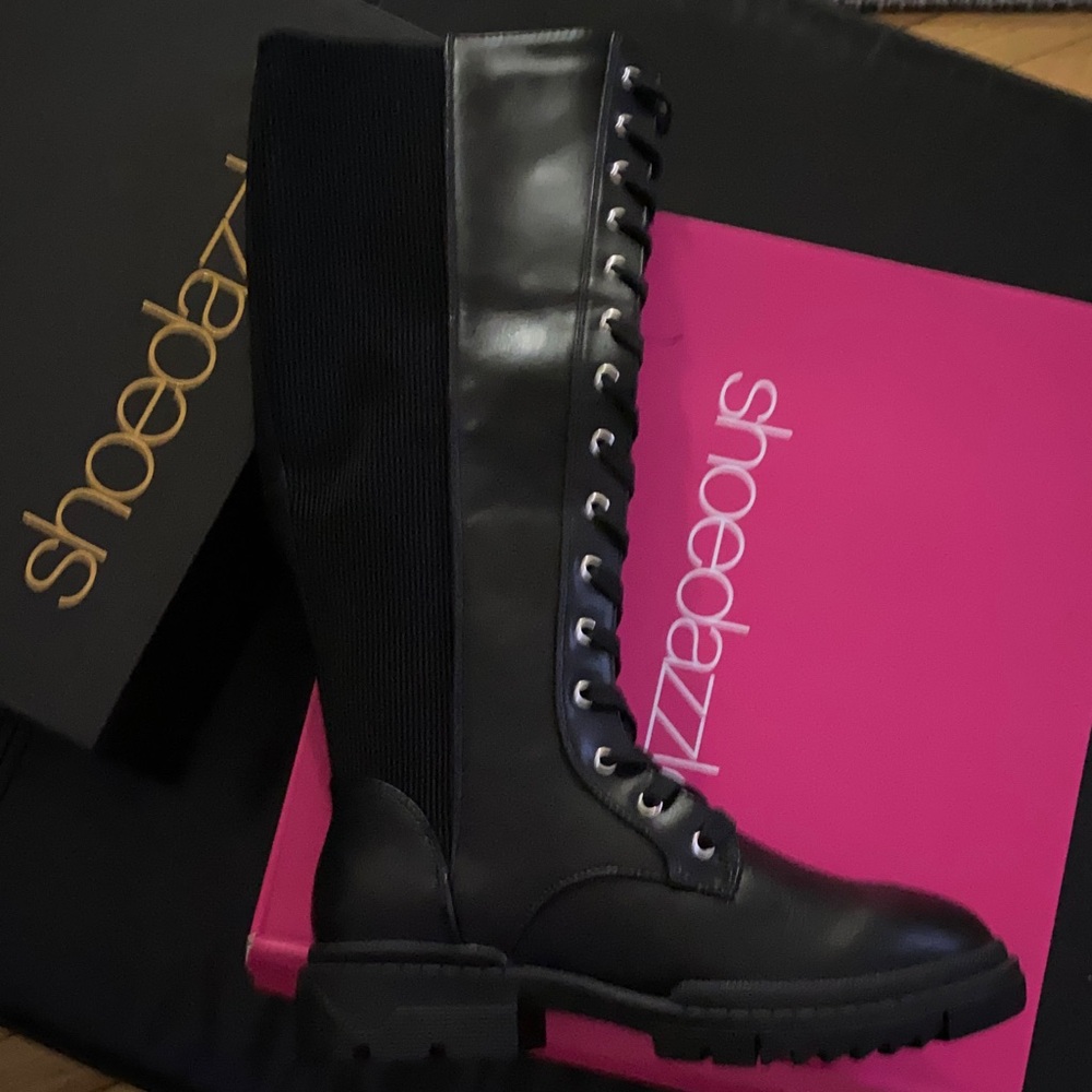 Shoe Dazzle Sleek Black Lace-Up Boots